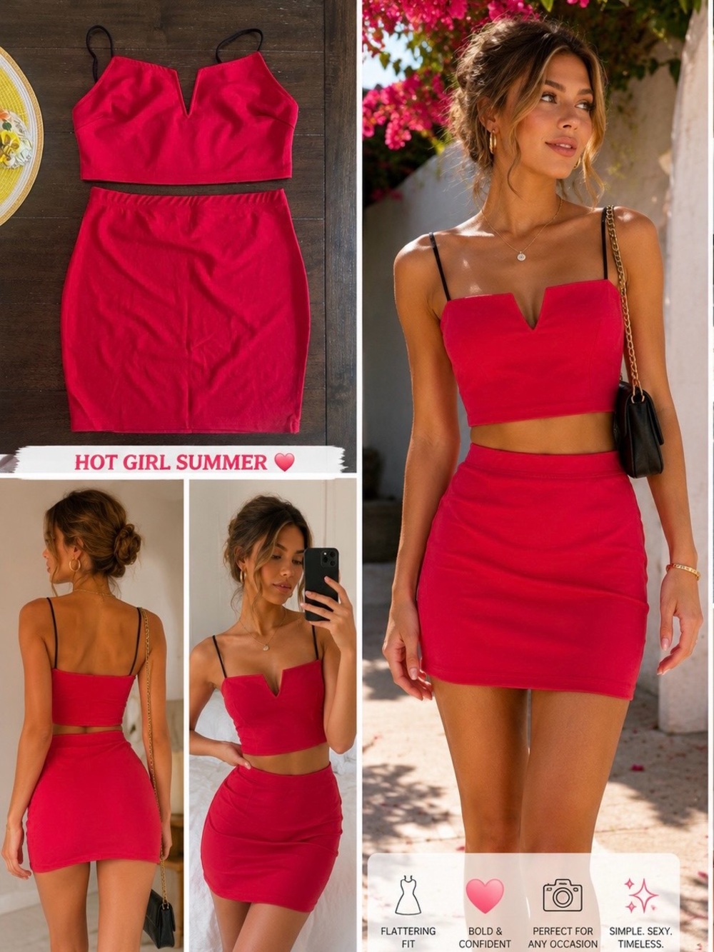 Red Spaghetti Strap V-Notch Crop Top & Mini Skirt Set